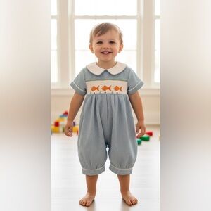 Blue and Orange Bodysuit with Fish Design and Peter Pan Collar